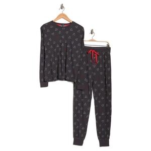 NWT Cozy Zoe M Lightweight Jersey Heart Print Gray & White Pajama Set #92838